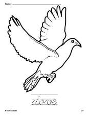 Free printable dove coloring page and cursive word tracing worksheet, perfect for preschool, pre-k, and kindergarten, PDF