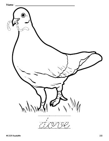 Free printable dove coloring page and cursive word tracing worksheet, perfect for preschool, pre-k, and kindergarten, PDF