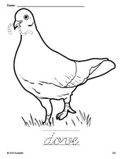 Free printable dove coloring page and cursive word tracing worksheet, perfect for preschool, pre-k, and kindergarten, PDF