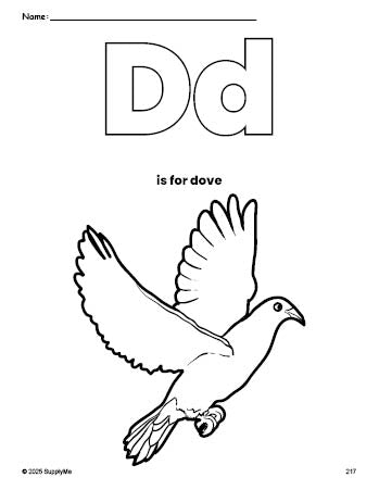 Free printable dove coloring page, letter d coloring page for preschool, pre-k, and kindergarten, PDF