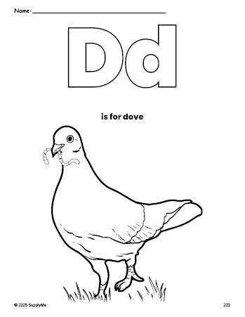 Free printable dove coloring page, letter d coloring page for preschool, pre-k, and kindergarten, PDF