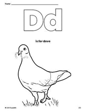 Free printable dove coloring page, letter d coloring page for preschool, pre-k, and kindergarten, PDF