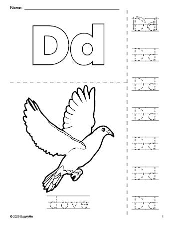 Free printable dove coloring page and letter tracing worksheet, letter d worksheet for preschool, pre-k, and kindergarten, PDF