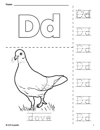 Free printable dove coloring page and letter tracing worksheet, letter d worksheet for preschool, pre-k, and kindergarten, PDF