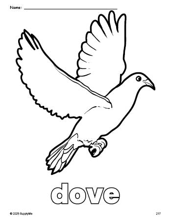 Free printable dove coloring page for preschool, pre-k, and kindergarten, PDF