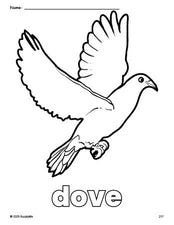 Free printable dove coloring page for preschool, pre-k, and kindergarten, PDF