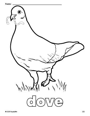 Free printable dove coloring page for preschool, pre-k, and kindergarten, PDF