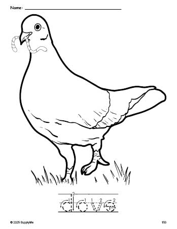 Free printable dove coloring page and word tracing worksheet, letter formation guides, perfect for preschool, pre-k, and kindergarten, PDF