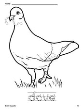 Free printable dove coloring page and word tracing worksheet, letter formation guides, perfect for preschool, pre-k, and kindergarten, PDF