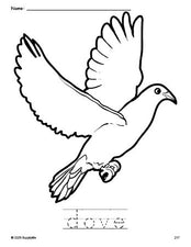 Free printable dove coloring page and word tracing worksheet, perfect for preschool, pre-k, and kindergarten, PDF