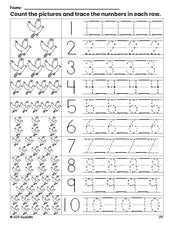 Free printable dove counting worksheet for preschool and pre-k with number tracing practice 1-10, PDF