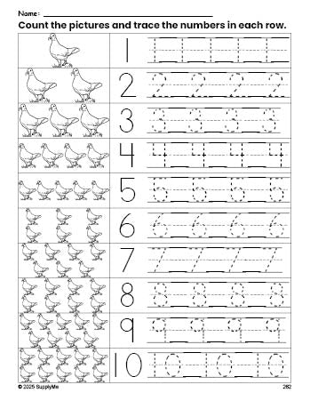 Free printable dove counting worksheet for preschool and pre-k with number tracing practice 1-10, PDF