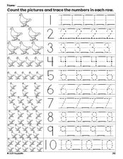 Free printable dove counting worksheet for preschool and pre-k with number tracing practice 1-10, PDF