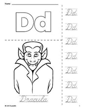 Free printable Dracula Halloween coloring page and cursive letter tracing worksheet, letter d worksheet for preschool, pre-k, and kindergarten, PDF