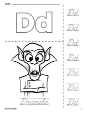 Free printable Dracula Halloween coloring page and cursive letter tracing worksheet, letter d worksheet for preschool, pre-k, and kindergarten, PDF