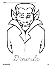 Free printable Dracula Halloween coloring page and cursive word tracing worksheet, perfect for preschool, pre-k, and kindergarten, PDF