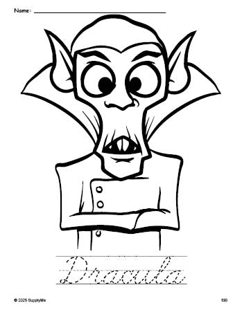 Free printable Dracula Halloween coloring page and cursive word tracing worksheet, perfect for preschool, pre-k, and kindergarten, PDF