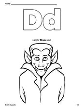 Free printable Dracula Halloween coloring page, letter d coloring page for preschool, pre-k, and kindergarten, PDF