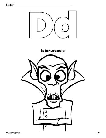 Free printable Dracula Halloween coloring page, letter d coloring page for preschool, pre-k, and kindergarten, PDF