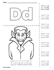 Free printable Dracula Halloween coloring page and letter tracing worksheet, letter d worksheet for preschool, pre-k, and kindergarten, PDF