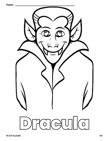 Free printable Dracula Halloween coloring page for preschool, pre-k, and kindergarten, PDF