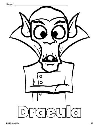 Free printable Dracula Halloween coloring page for preschool, pre-k, and kindergarten, PDF