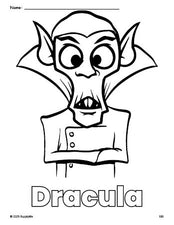 Free printable Dracula Halloween coloring page for preschool, pre-k, and kindergarten, PDF