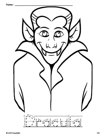 Free printable Dracula Halloween coloring page and word tracing worksheet, letter formation guides, perfect for preschool, pre-k, and kindergarten, PDF