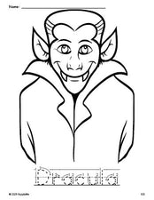 Free printable Dracula Halloween coloring page and word tracing worksheet, letter formation guides, perfect for preschool, pre-k, and kindergarten, PDF