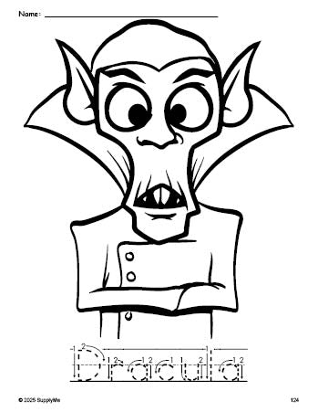 Free printable Dracula Halloween coloring page and word tracing worksheet, letter formation guides, perfect for preschool, pre-k, and kindergarten, PDF