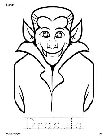 Free printable Dracula Halloween coloring page and word tracing worksheet, perfect for preschool, pre-k, and kindergarten, PDF