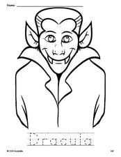 Free printable Dracula Halloween coloring page and word tracing worksheet, perfect for preschool, pre-k, and kindergarten, PDF