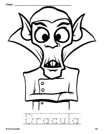 Free printable Dracula Halloween coloring page and word tracing worksheet, perfect for preschool, pre-k, and kindergarten, PDF