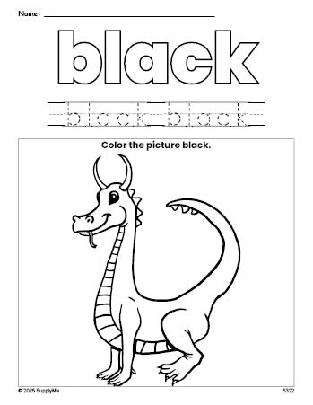 Free dragon color black coloring page and color worksheet, black worksheet for preschoolers to learn colors, printable PDF