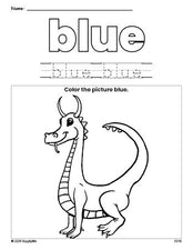 Free dragon color blue coloring page and color worksheet, blue worksheet for preschoolers to learn colors, printable PDF