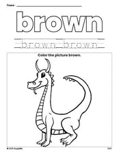 Free dragon color brown coloring page and color worksheet, brown worksheet for preschoolers to learn colors, printable PDF