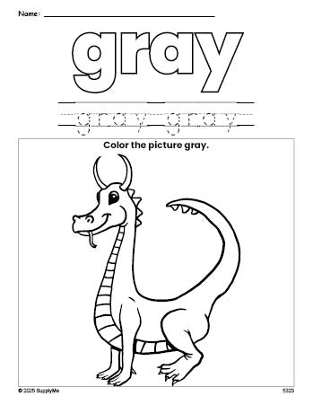 Free dragon color gray coloring page and color worksheet, gray worksheet for preschoolers to learn colors, printable PDF