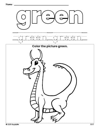 Free dragon color green coloring page and color worksheet, green worksheet for preschoolers to learn colors, printable PDF