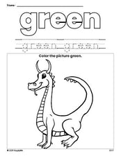 Free dragon color green coloring page and color worksheet, green worksheet for preschoolers to learn colors, printable PDF