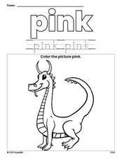 Free dragon color pink coloring page and color worksheet, pink worksheet for preschoolers to learn colors, printable PDF