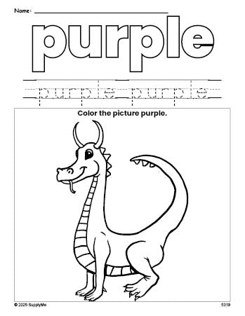 Free dragon color purple coloring page and color worksheet, purple worksheet for preschoolers to learn colors, printable PDF