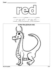 Free dragon color red coloring page and color worksheet, red worksheet for preschoolers to learn colors, printable PDF