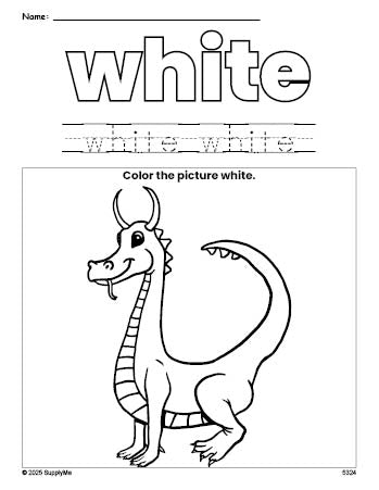 Free dragon color white coloring page and color worksheet, white worksheet for preschoolers to learn colors, printable PDF