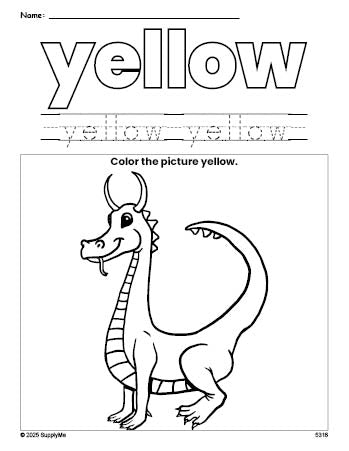 Free dragon color yellow coloring page and color worksheet, yellow worksheet for preschoolers to learn colors, printable PDF