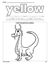 Free dragon color yellow coloring page and color worksheet, yellow worksheet for preschoolers to learn colors, printable PDF