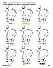 Free dragon coloring page and color worksheet for preschoolers to learn colors, printable PDF