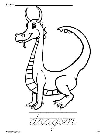 Free printable dragon coloring page and cursive word tracing worksheet, perfect for preschool, pre-k, and kindergarten, PDF