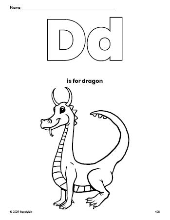 Free printable dragon coloring page, letter d coloring page for preschool, pre-k, and kindergarten, PDF