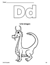 Free printable dragon coloring page, letter d coloring page for preschool, pre-k, and kindergarten, PDF