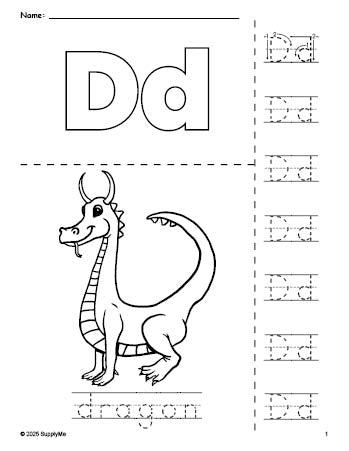 Free printable dragon coloring page and letter tracing worksheet, letter d worksheet for preschool, pre-k, and kindergarten, PDF